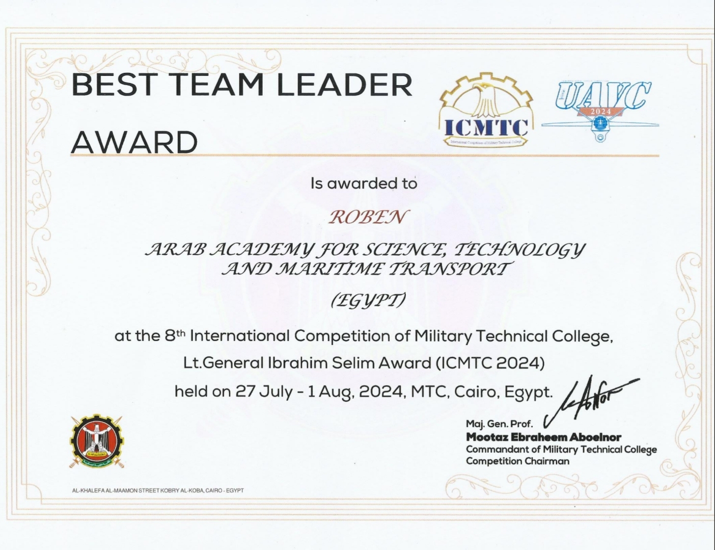 Best Team Leader Award at ICMTC UAVC 2024