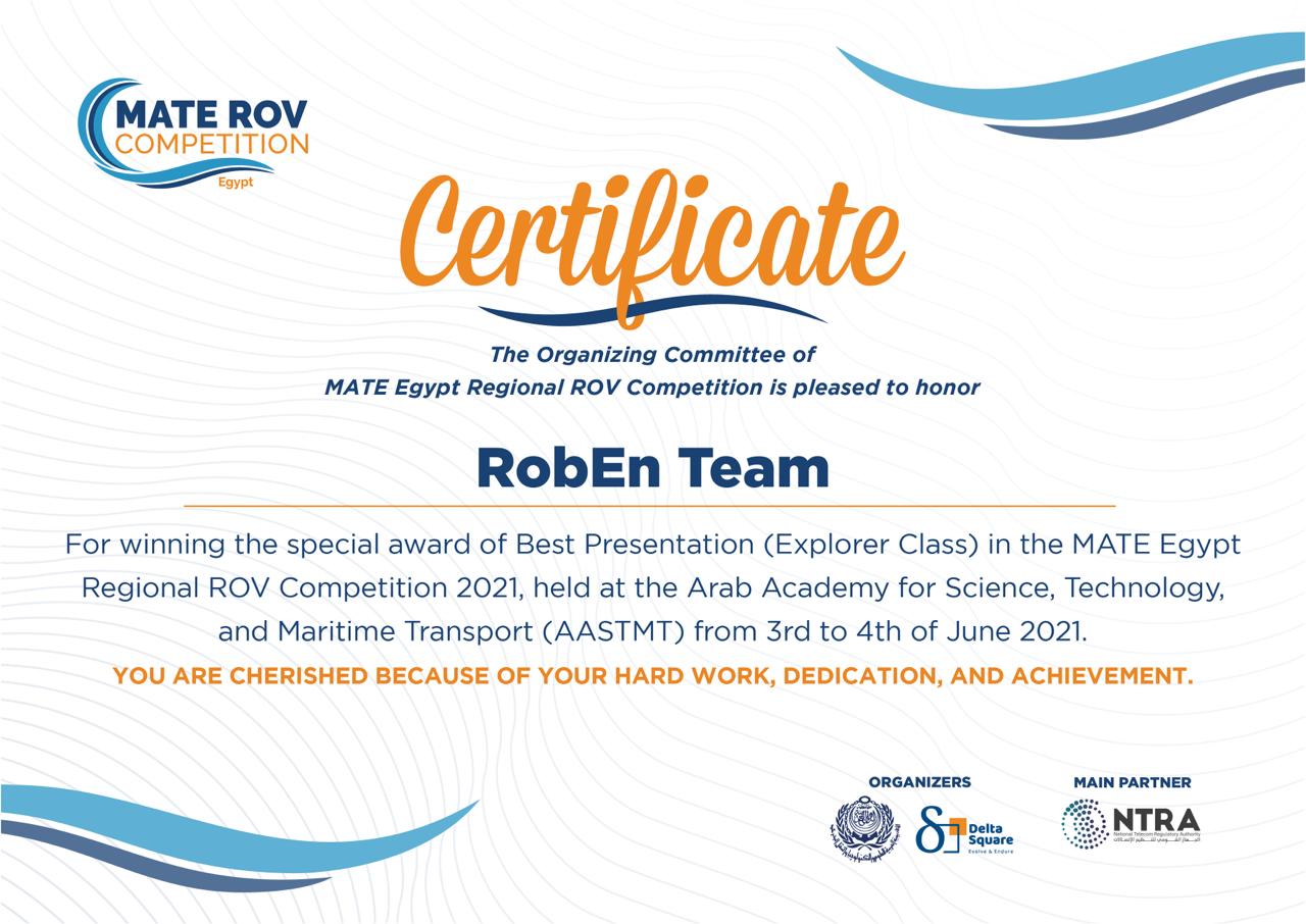 Winning the best presentation award in MATE ROV 2021